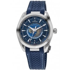 Replica Omega Seamaster Aqua Terra 150m Master Co-Axial Worldtimer Blue Dial Rubber Strap Men‘s Watch 220.12.43.22.03.001