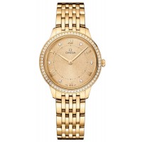 Replica Omega De Ville Prestige Quartz 30mm Gold Dial Diamond 18k Yellow Gold Women‘s Watch 434.55.30.60.58.001