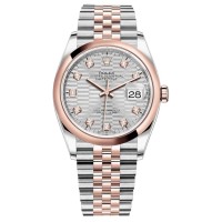 Replica Rolex Datejust 36 Steel &Everose Gold Silver Fluted-Motif Diamond Dial Women‘s Watch M126201-0039