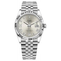 Replica Rolex Datejust 36 Steel &White Gold Silver Diamond Pave Roman Dial Women‘s Watch M126234-0029