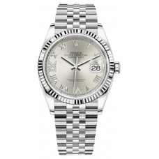 Replica Rolex Datejust 36 Steel &White Gold Silver Diamond Pave Roman Dial Women‘s Watch M126234-0029