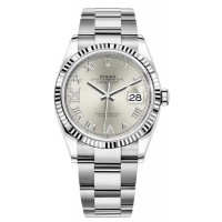 Replica Rolex Datejust 36 Steel &White Gold Silver Diamond Pave Roman Dial Women‘s Watch M126234-0030