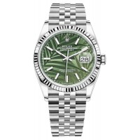 Replica Rolex Datejust 36 Steel &White Gold Olive Green Palm-Motif Dial Women‘s Watch M126234-0047