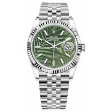 Replica Rolex Datejust 36 Steel &White Gold Olive Green Palm-Motif Dial Women‘s Watch M126234-0047