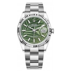 Replica Rolex Datejust 36 Steel &White Gold Olive Green Palm-Motif Dial Women‘s Watch M126234-0048