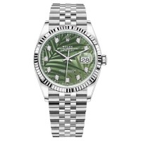 Replica Rolex Datejust 36 Steel &White Gold Olive Green Palm-Motif Diamond Dial Women‘s Watch M126234-0055