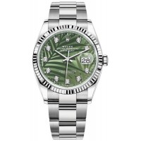 Replica Rolex Datejust 36 Steel &White Gold Olive Green Palm-Motif Diamond Dial Women‘s Watch M126234-0056