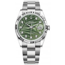 Replica Rolex Datejust 36 Steel &White Gold Olive Green Palm-Motif Diamond Dial Women‘s Watch M126234-0056