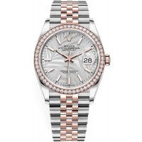Replica Rolex Datejust 36 Steel &Everose Gold Silver Palm-Motif Dial Diamond Bezel Women‘s Watch M126281RBR-0019