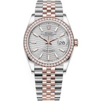 Replica Rolex Datejust 36 Steel &Everose Gold Silver Fluted-Motif Dial Diamond Bezel Women‘s Watch M126281RBR-0021