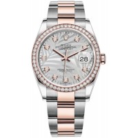 Replica Rolex Datejust 36 Steel &Everose Gold Silver Palm-Motif Diamond Dial Diamond Bezel Women‘s Watch M126281RBR-0026