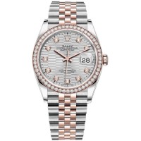 Replica Rolex Datejust 36 Steel &Everose Gold Silver Fluted-Motif Diamond Dial Diamond Bezel Women‘s Watch M126281RBR-0027