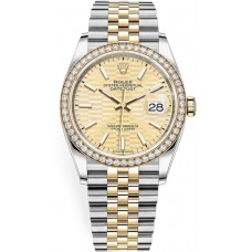 Replica Rolex Datejust 36 Yellow Gold &Diamonds Golden Fluted-Motif Dial Women‘s Watch M126283RBR-0025
