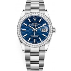 Replica Rolex Datejust 36 White Gold &Diamonds Blue Fluted-Motif Dial Women‘s Watch M126284RBR-0042