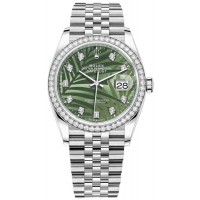 Replica Rolex Datejust 36 White Gold &Diamonds Olive Green Palm-Motif Diamond Dial Women‘s Watch M126284RBR-0047 Replica Rolex Datejust 36 White Gold &Diamonds Olive Green Palm-Motif Diamond Dial Women‘s Watch M126284RBR-0047