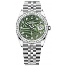 Replica Rolex Datejust 36 White Gold &Diamonds Olive Green Palm-Motif Diamond Dial Women‘s Watch M126284RBR-0047