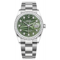 Replica Rolex Datejust 36 White Gold &Diamonds Olive Green Palm-Motif Diamond Dial Women‘s Watch M126284RBR-0048