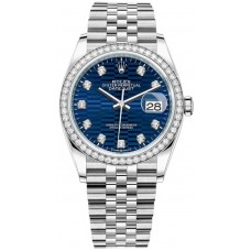 Replica Rolex Datejust 36 White Gold &Diamonds Blue Fluted-Motif Dial Women‘s Watch M126284RBR-0049