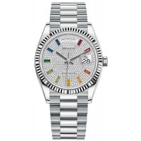 Replica Rolex Day-Date Platinum Diamond-Paved Gemstone Dial Women‘s Watch M128236-0003