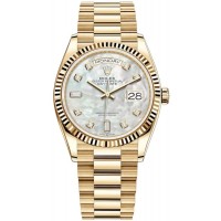 Replica Rolex Day-Date Yellow Gold Mother of Pearl Diamond Dial Women‘s Watch M128238-0011
