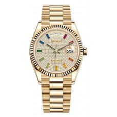 Replica Rolex Day-Date Yellow Gold Diamond Paved Gemstone Dial Women‘s Watch M128238-0051