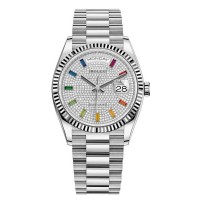 Replica Rolex Day-Date White Gold Diamond-Paved Gemstone Dial Women‘s Watch M128239-0019