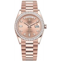 Replica Rolex Day-Date Rose Gold Rose Diamond Dial Diamond Bezel Women‘s Watch M128345RBR-0009