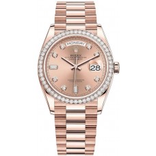 Replica Rolex Day-Date Rose Gold Rose Diamond Dial Diamond Bezel Women‘s Watch M128345RBR-0009