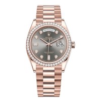 Replica Rolex Day-Date Rose Gold Slate Diamond Dial Diamond Bezel Women‘s Watch M128345RBR-0052