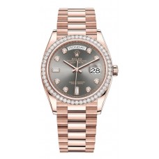 Replica Rolex Day-Date Rose Gold Slate Diamond Dial Diamond Bezel Women‘s Watch M128345RBR-0052