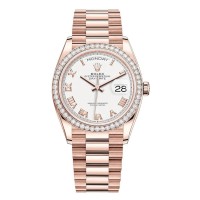 Replica Rolex Day-Date Rose Gold White Roman Dial Diamond Bezel Women‘s Watch M128345RBR-0054