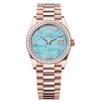 Replica Rolex Day-Date Rose Gold Turquoise Diamond-Set Roman Dial Diamond Bezel Women‘s Watch M128345RBR-0064