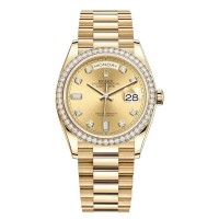 Replica Rolex Day-Date Yellow Gold Champagne Diamond Dial Diamond Bezel Women‘s Watch M128348RBR-0008