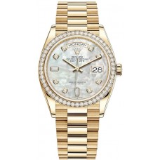 Replica Rolex Day-Date Yellow Gold Mother of Pearl Diamond Dial Diamond Bezel Women‘s Watch M128348RBR-0017