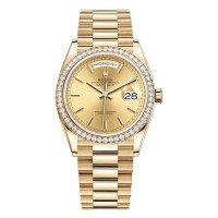 Replica Rolex Day-Date Yellow Gold Champagne Dial Diamond Bezel Women‘s Watch M128348RBR-0026