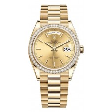 Replica Rolex Day-Date Yellow Gold Champagne Dial Diamond Bezel Women‘s Watch M128348RBR-0026