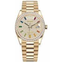 Replica Rolex Day-Date Yellow Gold Diamond-Paved Dial Diamond Bezel Women‘s Watch M128348RBR-0030