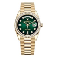 Replica Rolex Day-Date Yellow Gold Green Ombre Diamond Dial Diamond Bezel Women‘s Watch M128348RBR-0035