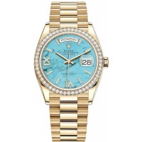 Replica Rolex Day-Date Yellow Gold Turquoise Diamond-Set Roman Dial Diamond Bezel Women‘s Watch M128348RBR-0037