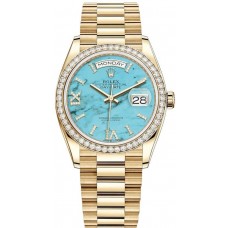 Replica Rolex Day-Date Yellow Gold Turquoise Diamond-Set Roman Dial Diamond Bezel Women‘s Watch M128348RBR-0037