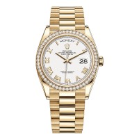 Replica Rolex Day-Date Yellow Gold White Roman Dial Diamond Bezel Women‘s Watch M128348RBR-0042