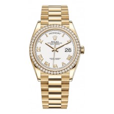 Replica Rolex Day-Date Yellow Gold White Roman Dial Diamond Bezel Women‘s Watch M128348RBR-0042