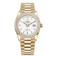 Replica Rolex Day-Date Yellow Gold White Dial Diamond Bezel Women‘s Watch M128348RBR-0047