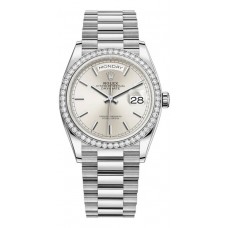 Replica Rolex Day-Date White Gold Silver Dial Diamond Bezel Women‘s Watch M128349RBR-0001