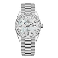 Replica Rolex Day-Date White Gold Mother-of-Pearl Diamond Dial Diamond Bezel Women‘s Watch M128349RBR-0004