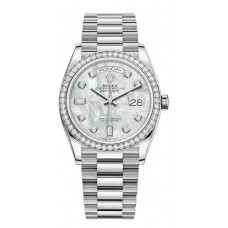 Replica Rolex Day-Date White Gold Mother-of-Pearl Diamond Dial Diamond Bezel Women‘s Watch M128349RBR-0004