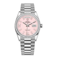 Replica Rolex Day-Date White Gold Pink Opal Diamond Set Roman Dial Diamond Bezel Women‘s Watch M128349RBR-0008