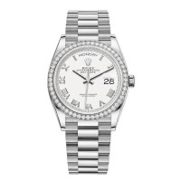 Replica Rolex Day-Date White Gold White Roman Dial Diamond Bezel Women‘s Watch M128349RBR-0025