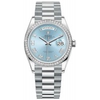 Replica Rolex Day-Date Platinum Ice-Blue Dial Diamond Bezel Women‘s Watch M128396TBR-0002