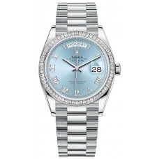 Replica Rolex Day-Date Platinum Ice-Blue Dial Diamond Bezel Women‘s Watch M128396TBR-0002